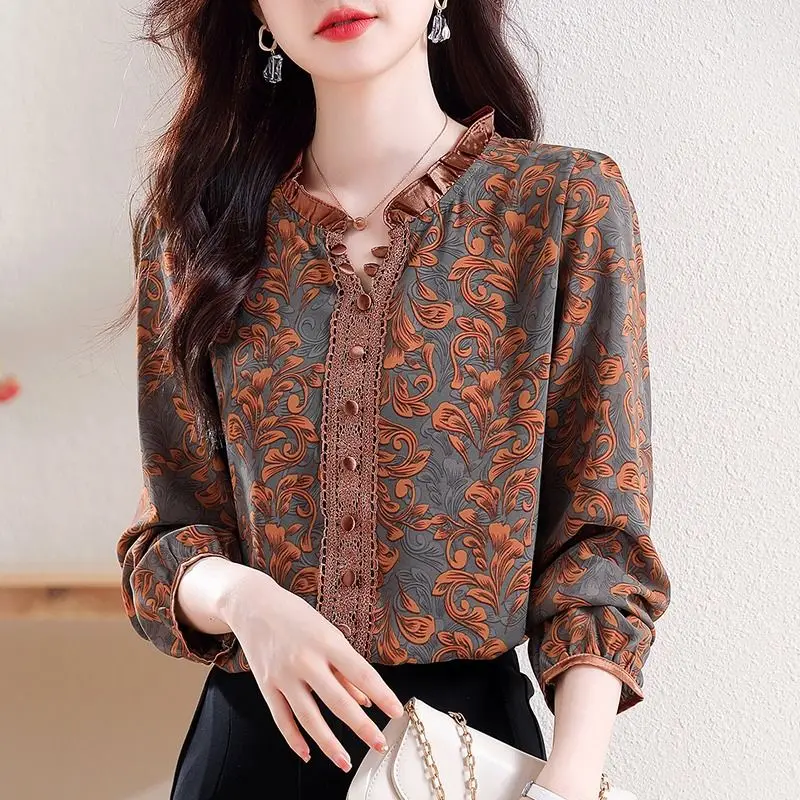 Women Korean Fashion Vintage Print Ruffle Blouse Elegant Chic Lace Patchwork Shirts Casual V Neck Long Sleeve Loose Tops Blusas