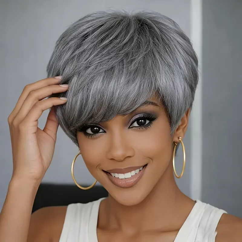Pixie Cut Grey Wig with Bangs for Daily Wear