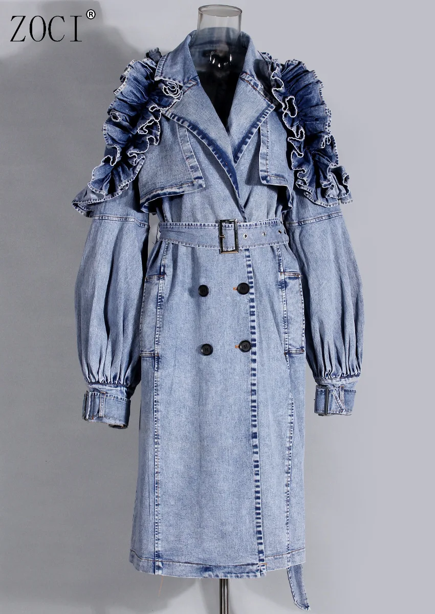 

ZOCI Fashion Denim Ruffle Trench Coat Women's Lapel Loose Double Breasted Long Sleeves Sashes Windbreaker 2025 Autumn New