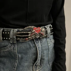 Unisex Jeans Belt Gothic Punk Y2k Designer Belts For Women Plus Size Skull Hand Heart Rivet Black Men's Belt Male Dark series