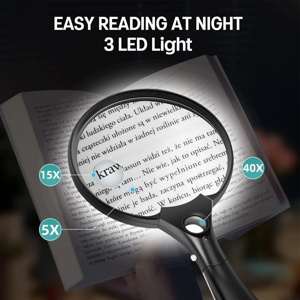 2X 4X 25X Magnifying Glass With Light  Large 5.5 Inch Handheld LED Glass Illuminated Lighted Magnifier For Seniors  Jewelers