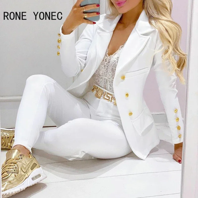 Women Solid Elegant button and pocket Notched  Collar Skinny White Blazer Sets