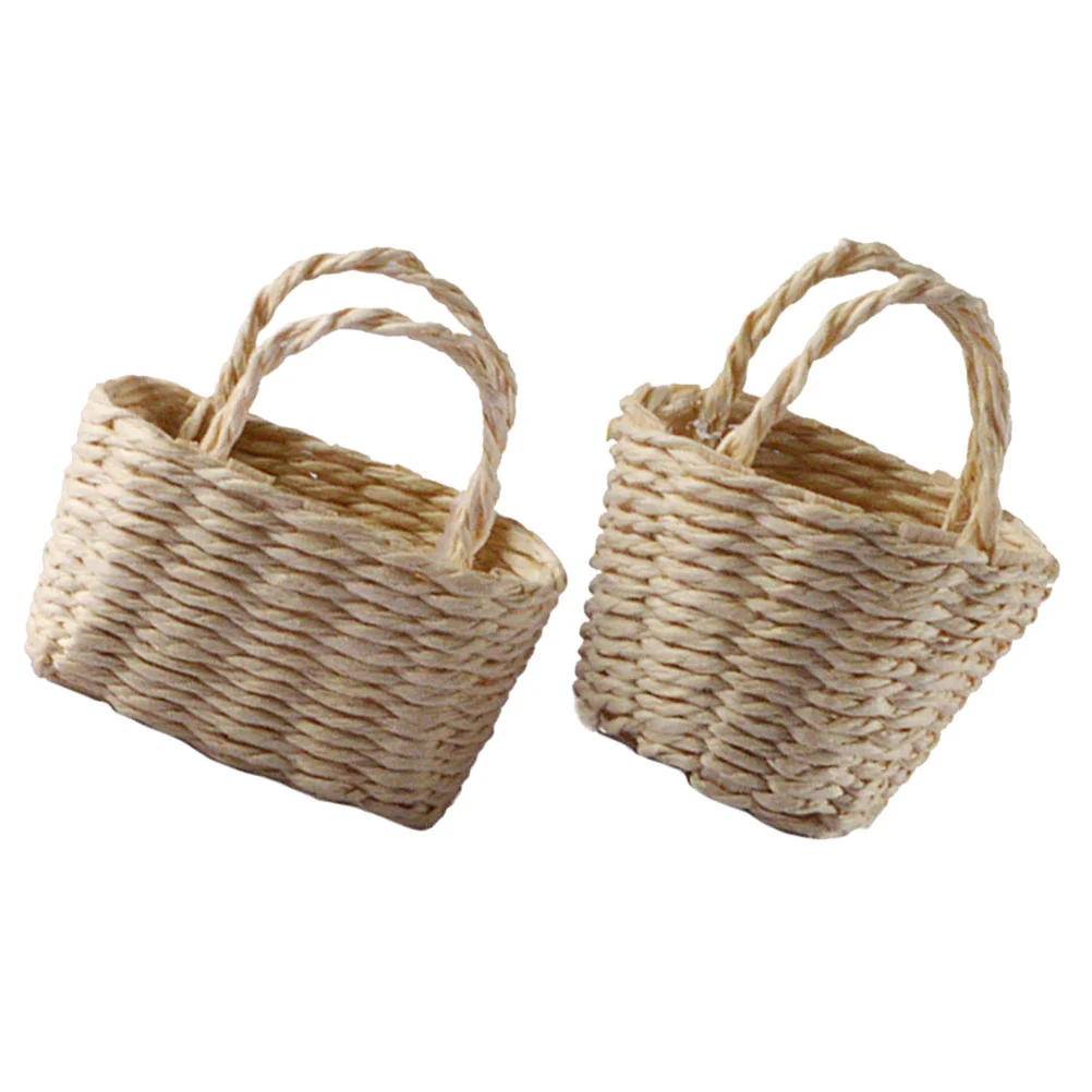 

2 Pcs Storage Baskets House Flower Miniature Decors Small Bamboo Adorn Rattan Ornament Micro Scene