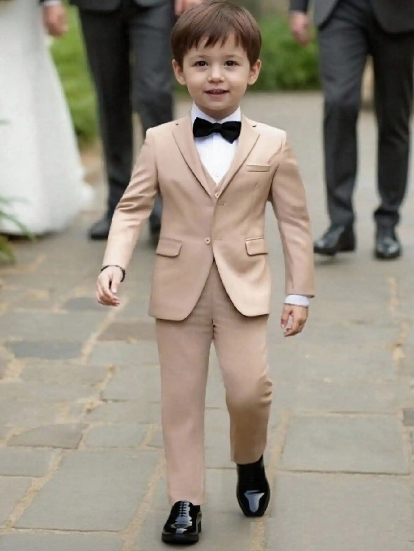 

4-Piece Beige Formal Suit Set for Boys - Blazer, Vest, Pants & Bow Tie, Size 3-10Y