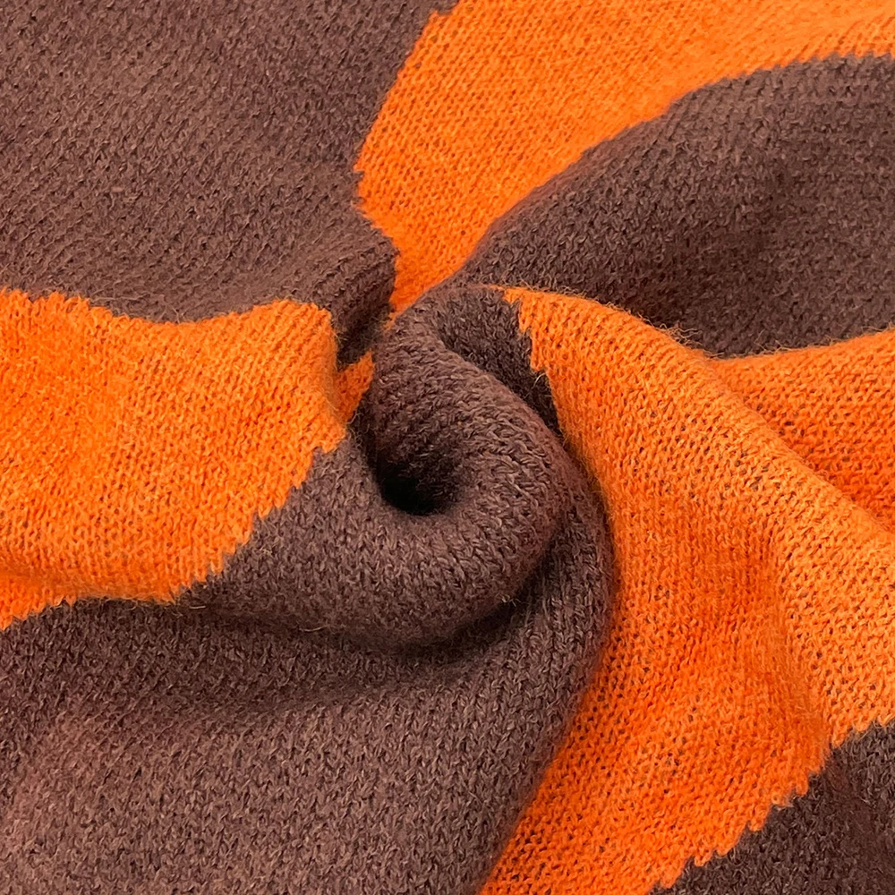 Damski sweter w stylu retro, kawaowo-pomarańczowy, kontrastowy, dzianinowy, z falistym wzorem żakardowym, luźny, w stylu lazy street, modny strój.