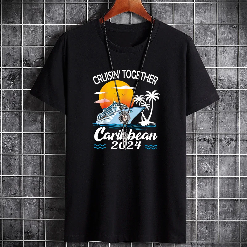 

2024 Summer Men's Pure Cotton Round Neck T-shirt Fashion Casual Plus Size Printed Short Sleeve Top Holiday Style Men's T-shirt