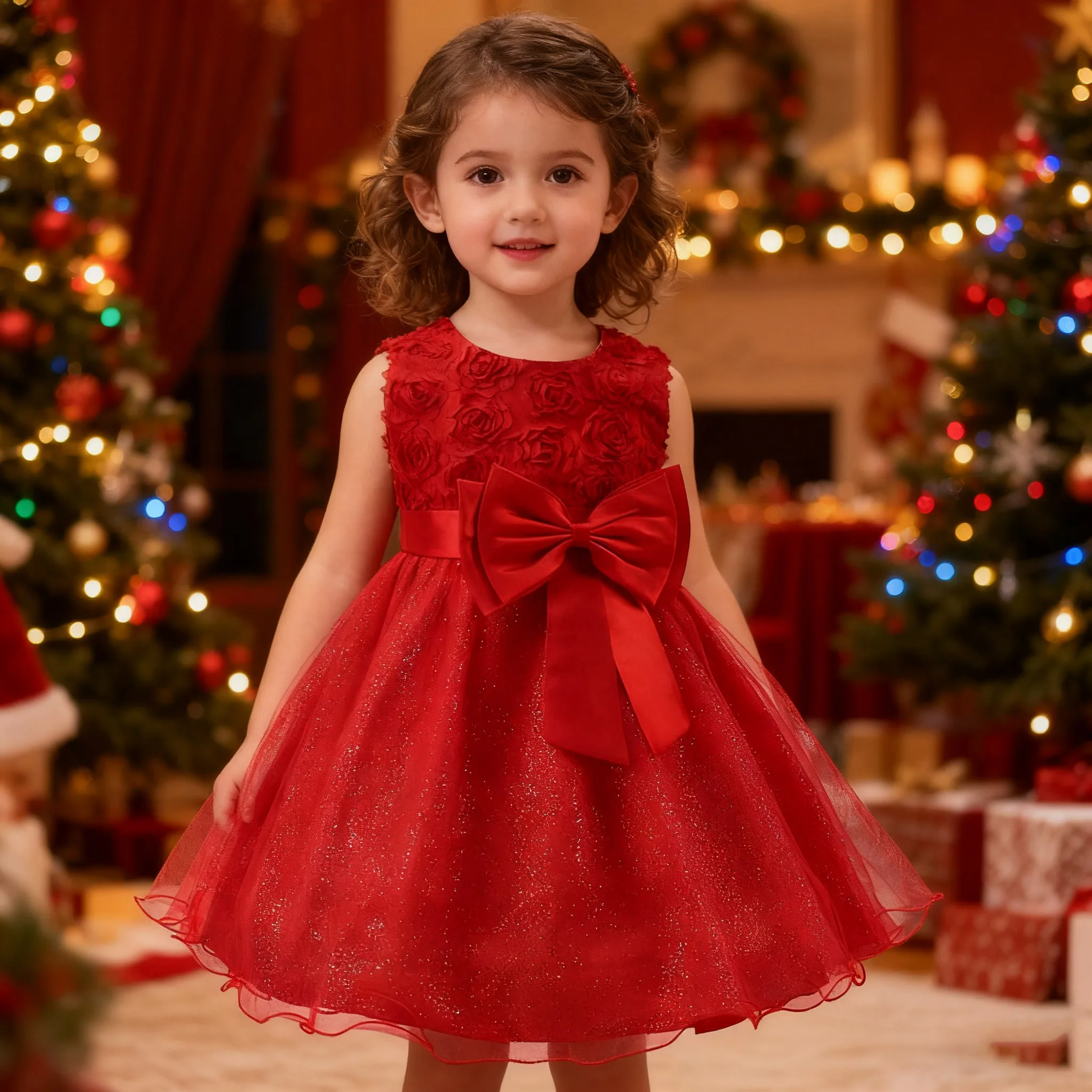 

2025 Red Flower Girl Dress Baby Girls Newyears Dresses Vestidos family gathering Children Clothes Birthday Christmas Fancy Ball