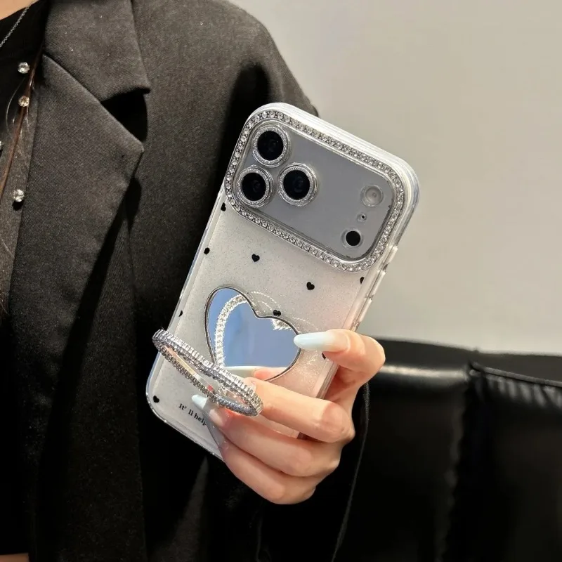 Glitter Diamond Love Heart Mirror Bracket Case for iPhone 16 17 18 Pro Max 15 14 Plus 12 13 Make Up Holder Stand Lens Film Cover view 2