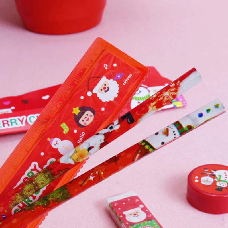5Pcs/Pack Cute Christmas Stationery Set Pencil Ruler Earser Sharpener Pencil Case Stationery Set For School Gir Boy Gift