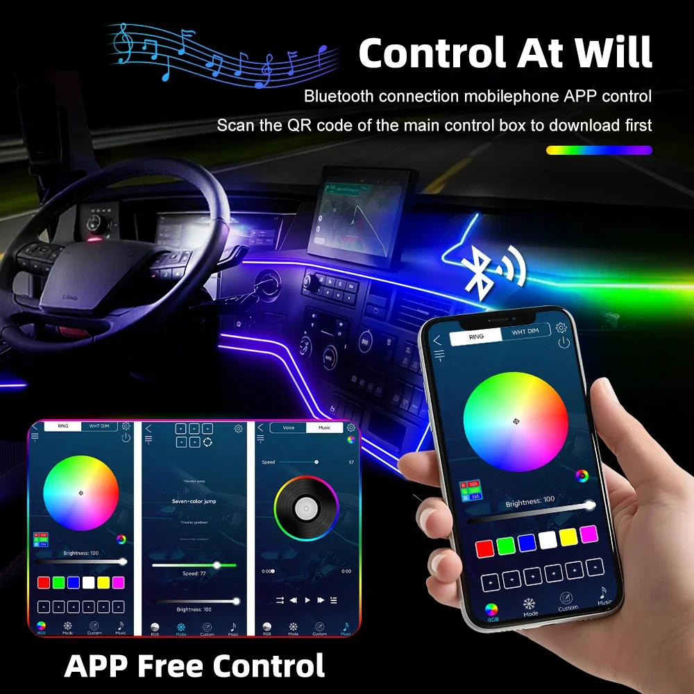 Kit d'éclairage d'ambiance intérieure de voiture 18 en 1, bande lumineuse LED RGB, Guide optique en acrylique, contrôle par application, 64 couleurs, 12V, ajustement universel