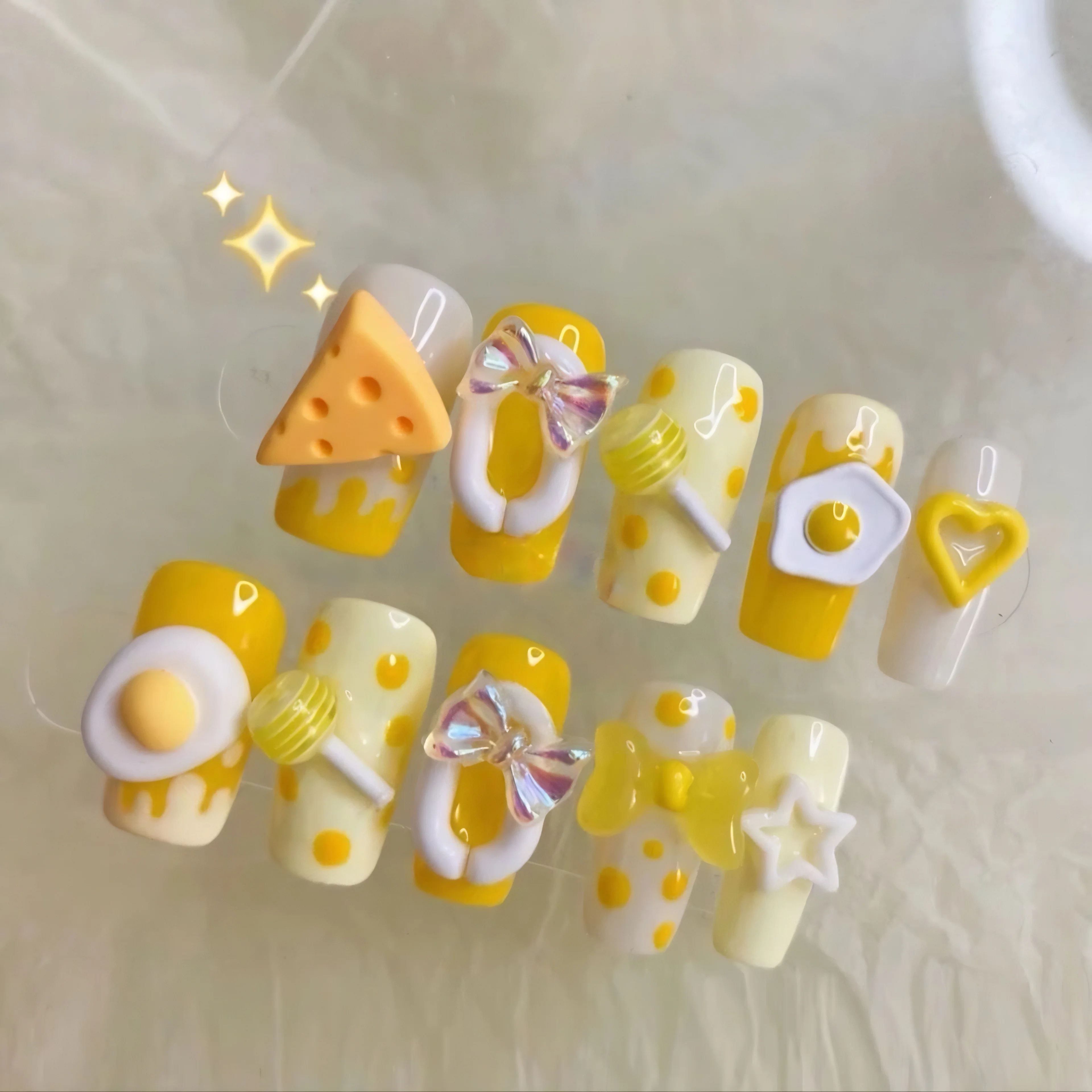 

10Pcs Kawaii Handmade Press On Nail Art Cartoon Cheese Egg Design Full Cover False Nails Set Bow Wearable Fake Nail for Girls