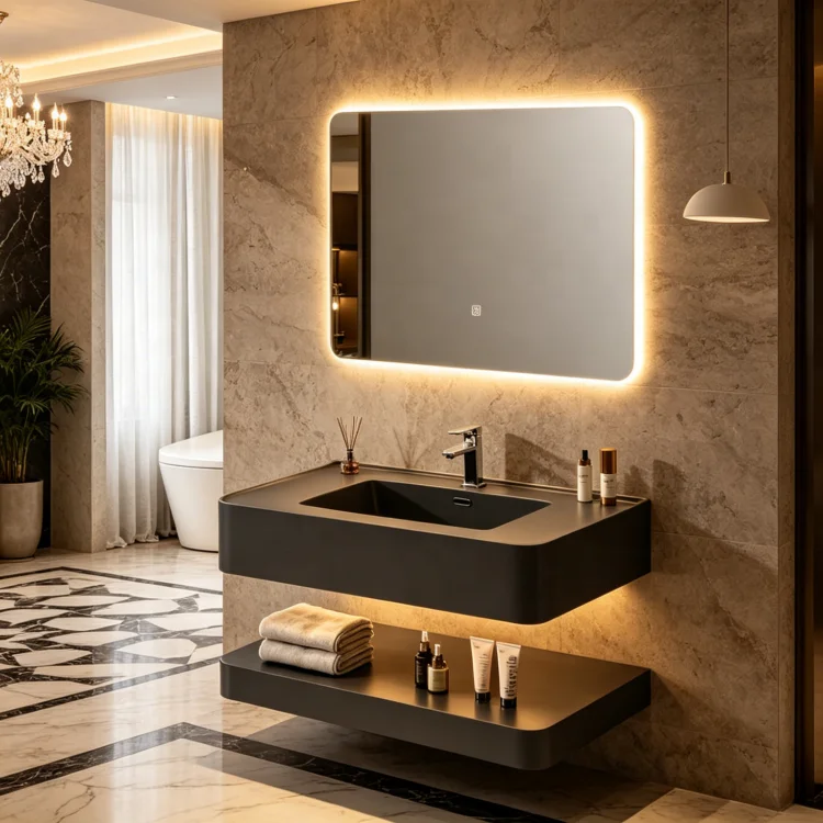 Artificial Matt Black Quartz  Basin Bathroom Restroom Vanity With Mirror For Modern Minimalist Decoration