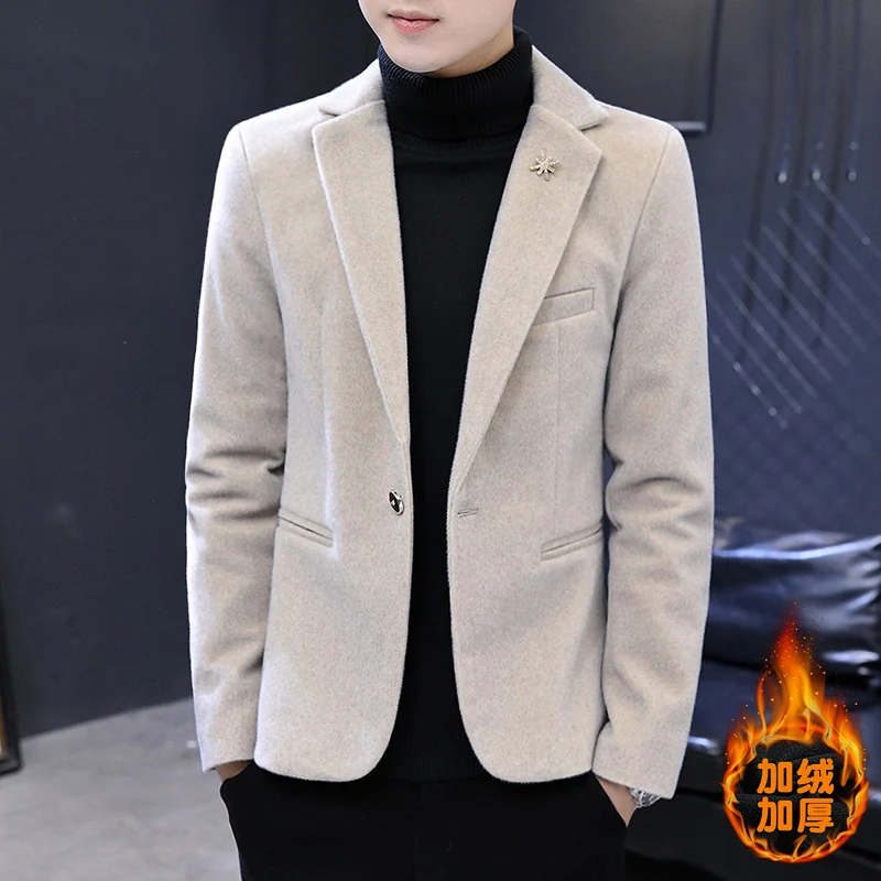 

2023Autumn and winter mink suit for young men casual wool suit with velvet coat for men slim and handsome clothing trend