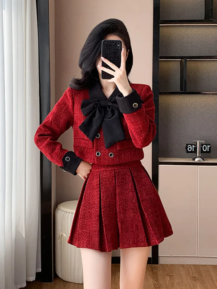 High Quality French Tweed Two Piece Set Women Crop Top Woolen Short Jacket Coat + Mini Skirt Sets Fashion Sweet 2 Piece Suits