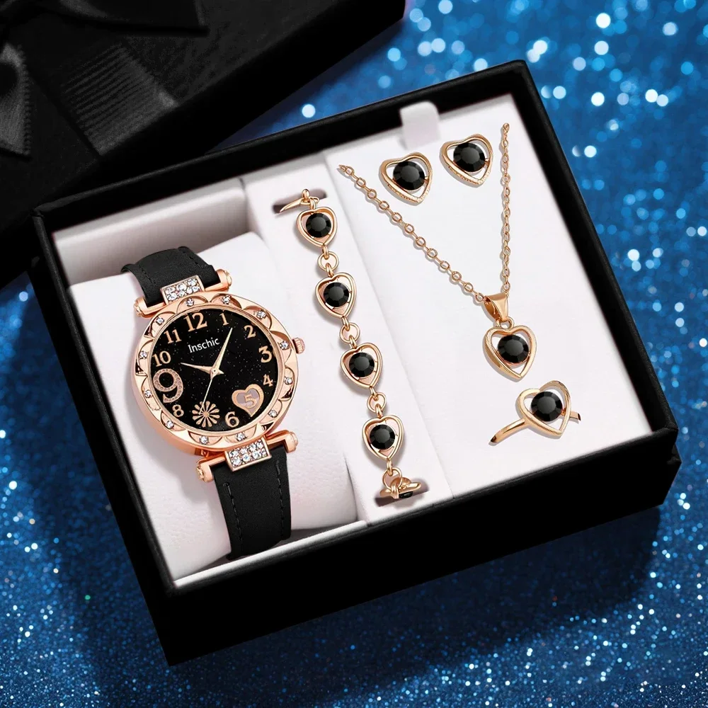 6PCS Simple and Stylish Ladies' Watch PU Leather Strap Quartz Watch with Necklace Accessories Set