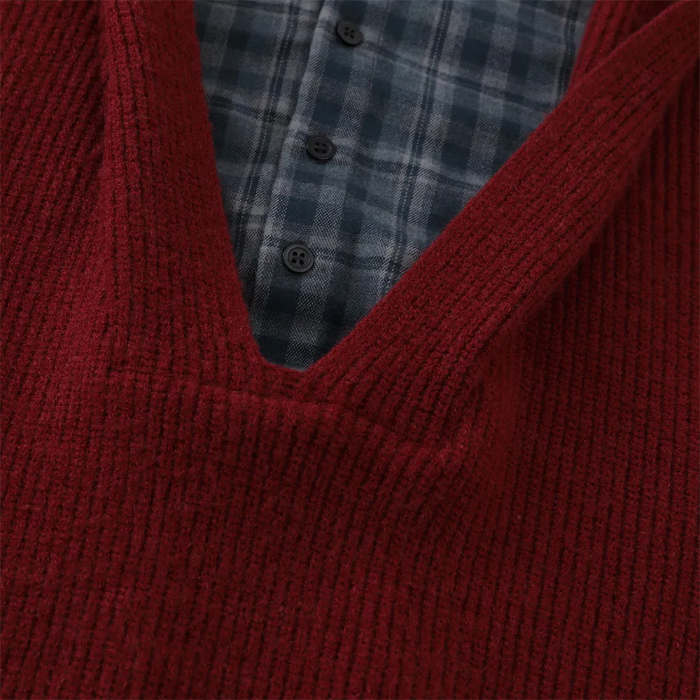 Maglione con cappuccio a quadretti a blocchi di colore falso in due pezzi Uomo Donna Autunno Inverno Casual Colletto della camicia allentato Maglione lavorato a maglia