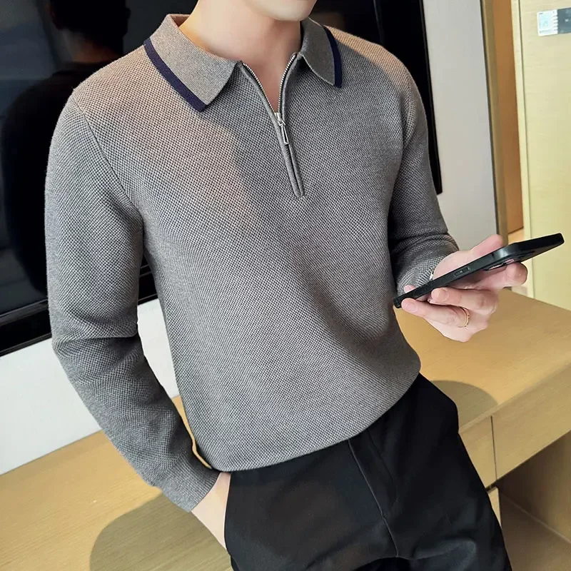 Solid color half-zip men's stretchy POLO shirt for business casual, autumn/winter turtle neck sweater knitted pullover