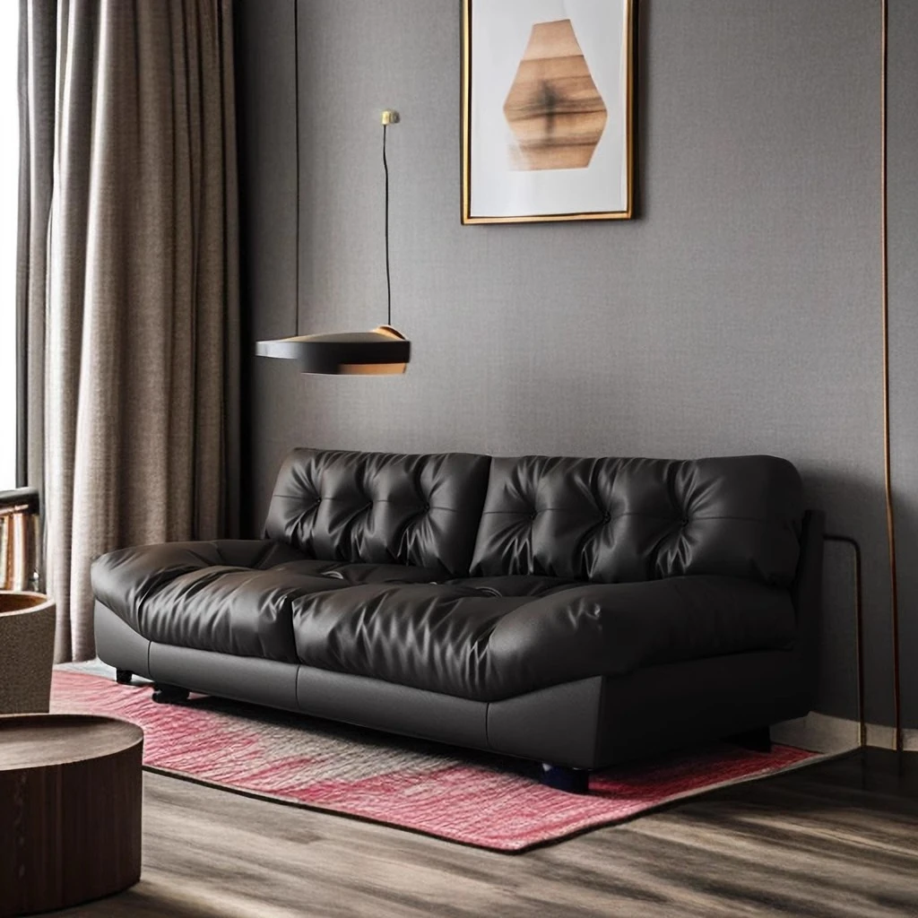 

Sofa top layer cowhide technology fabric small apartment living room black straight row three people.