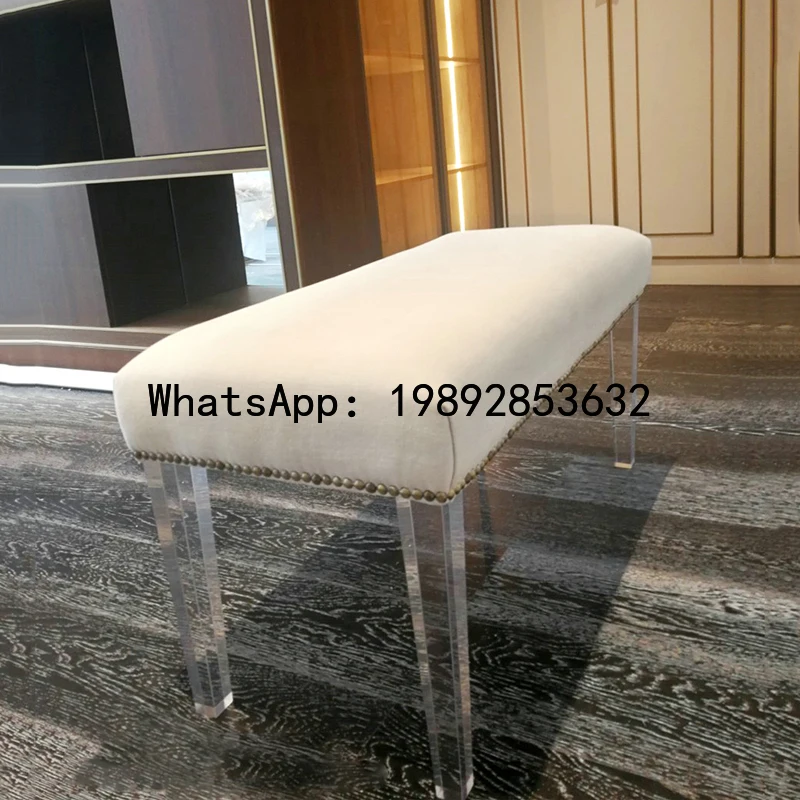 XL Acrylic Footstool Bed End Stool Shoe Changing Stool Transparent Leg Long Stool Linen Fabric Organic Glass Foot