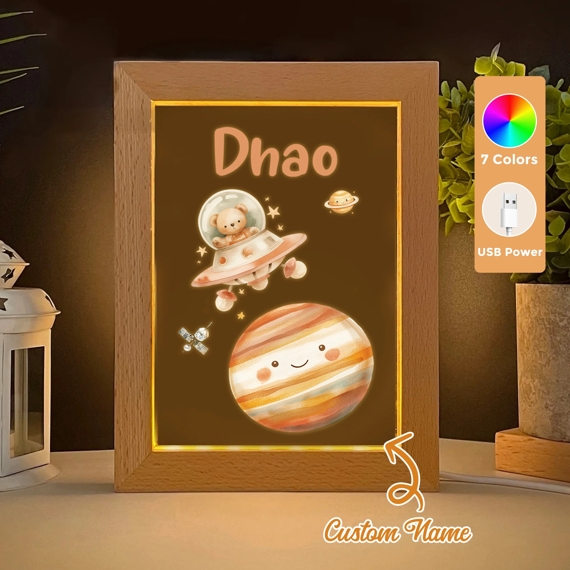 

2D Flat Custom Name Spaceship LED Acrylic Night Light Wood Photo Frame 21x17cm Cartoon Children Bedroom Gifts Home Decor Gift