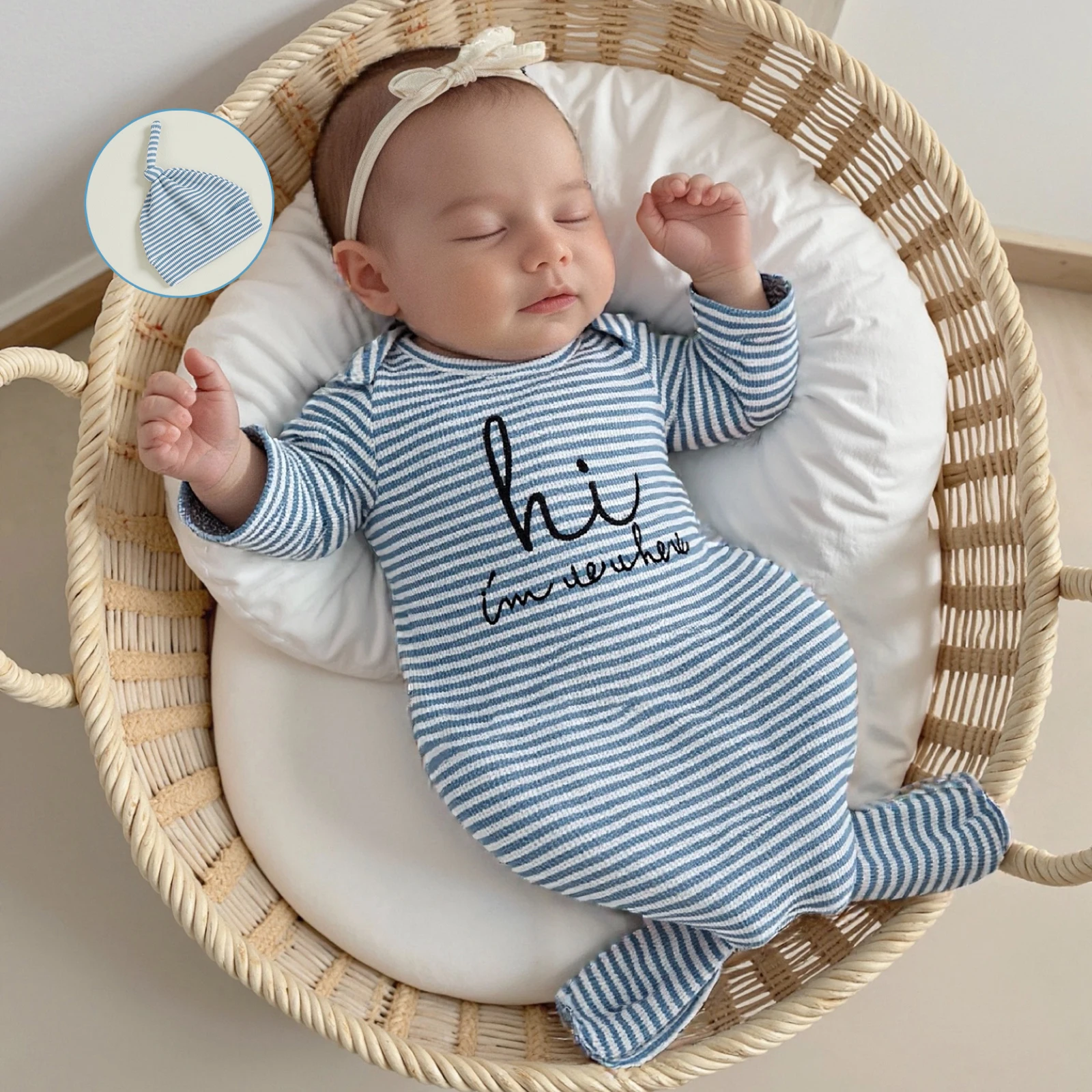 

Baby Sleep Sack with Cap 2 Pcs Set Loose Fit Letter Embroidered Striped Long Sleeve Newborn Jumpsuit