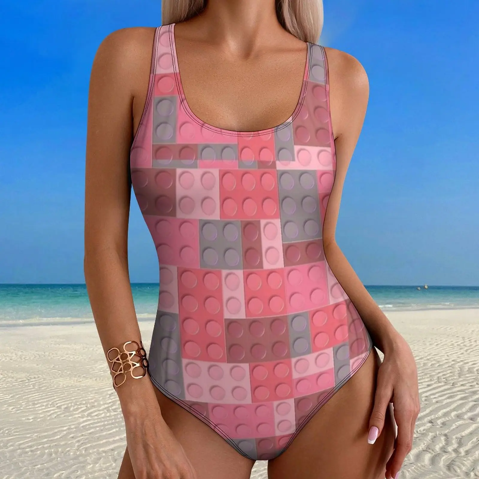 Building Blocks Pink And Grey Print Swimsuit Swimwear One Piece Surfing Bodysuit High Cut Bathing Suits Push Up Sexy Beach Wear