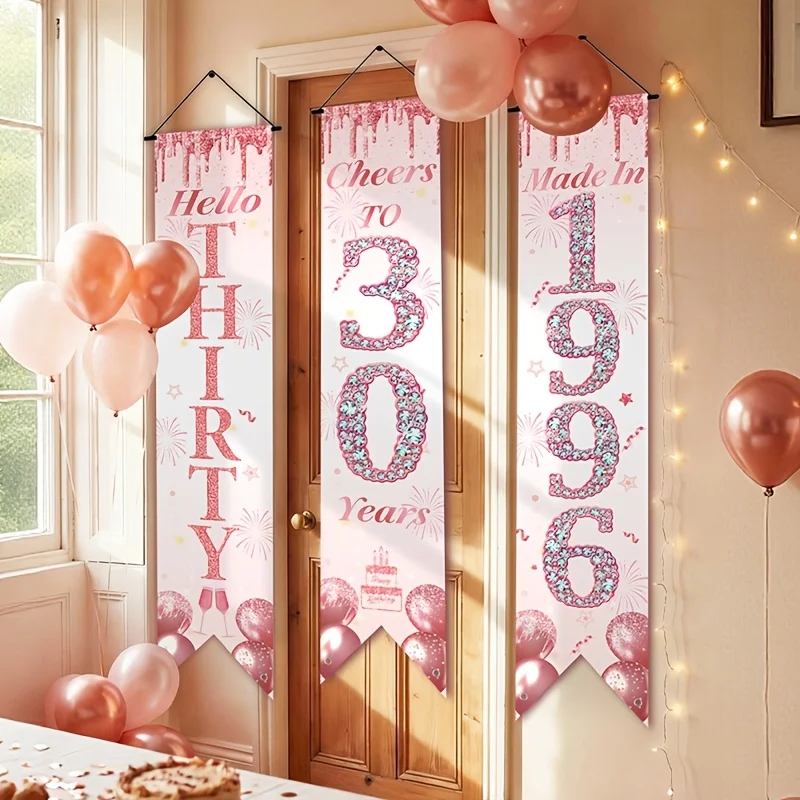 2D Flat 3Pcs Pink Gold 30th Birthday Door Banner Set, Balloon & Fishtail Design, Indoor Outdoor Home Party Hanging Decor - view 3