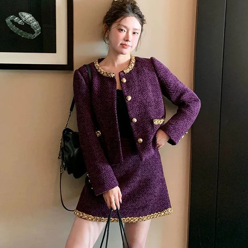 Autumn French Tweed Two Piece Set For Women Small Fragrant Short Jacket Coat + High Waist Mini Skirt Suits Conjuntos Cortos