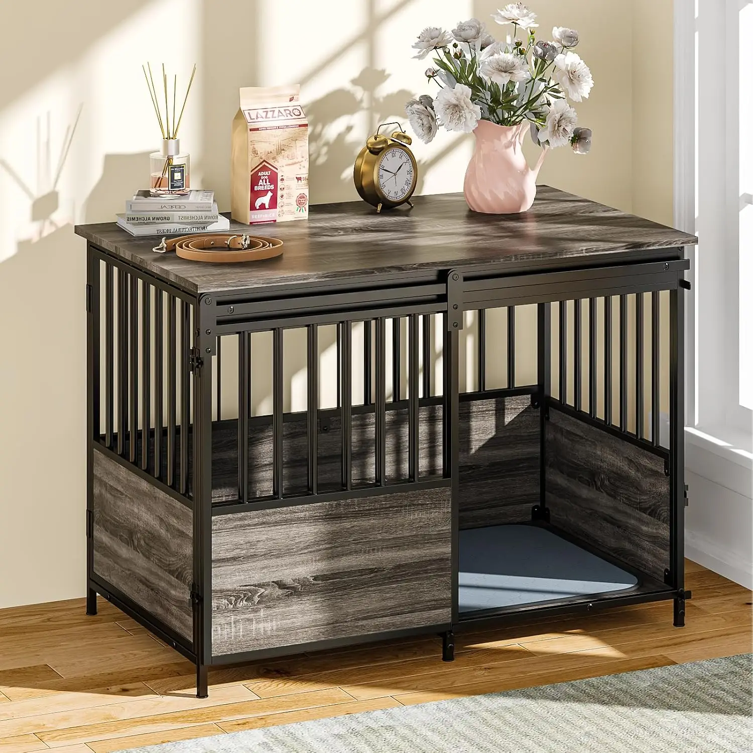 

Dog Crate Furniture with Cushion for Large Medium Dogs, Heavy Duty Dog Kennel with Double Doors, Decorative Indoor Pet Cage