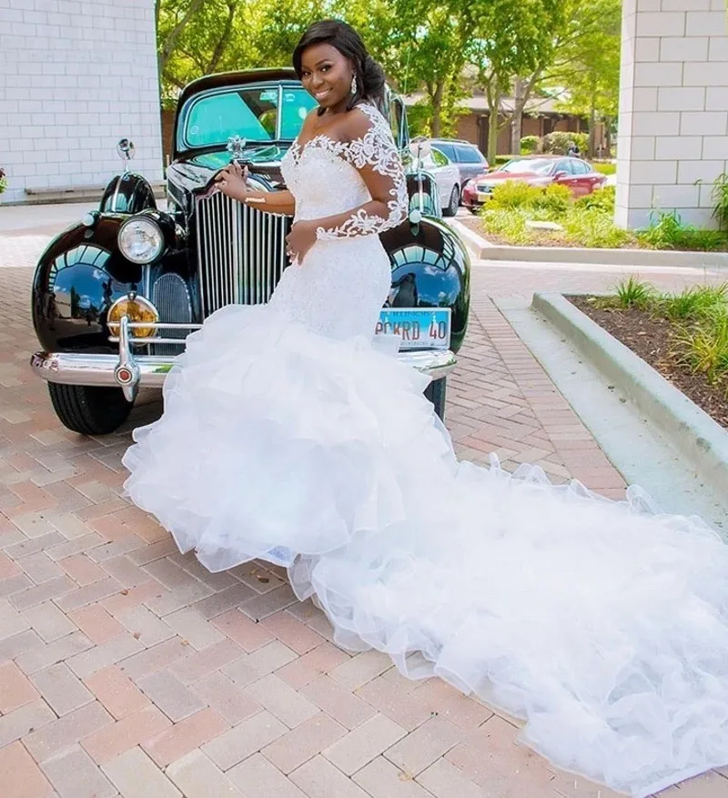 Robes de mariée sirène africaines personnalisées pour la mariée, appliques en dentelle Scoop, volants en organza, patients, quelle que soit la robe, 2025