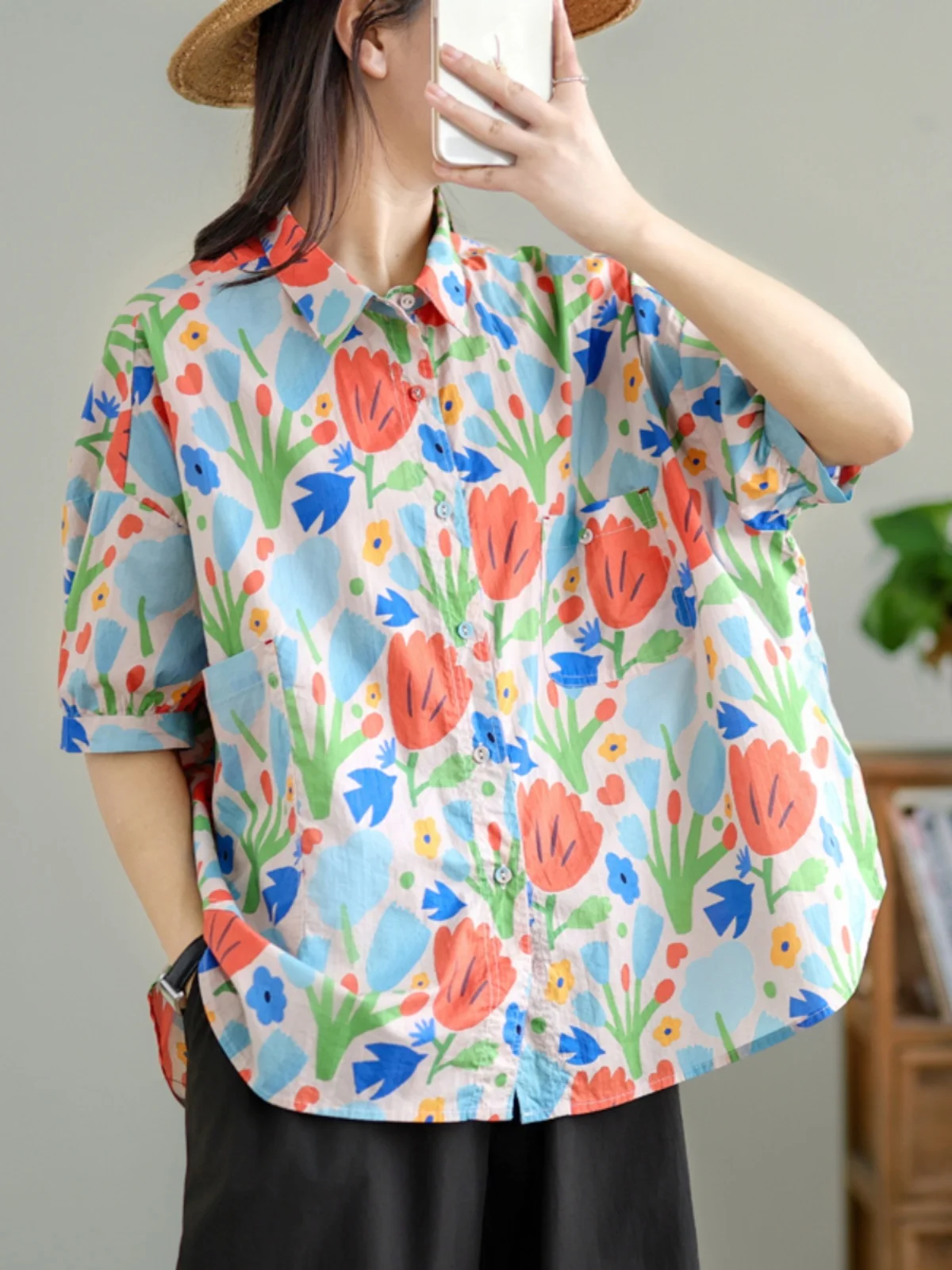 

plus Size Women's Summer irt Cartoon Print Collar Loose ort Sve Sweet Sle Casual Fem Blouse Faionable Top