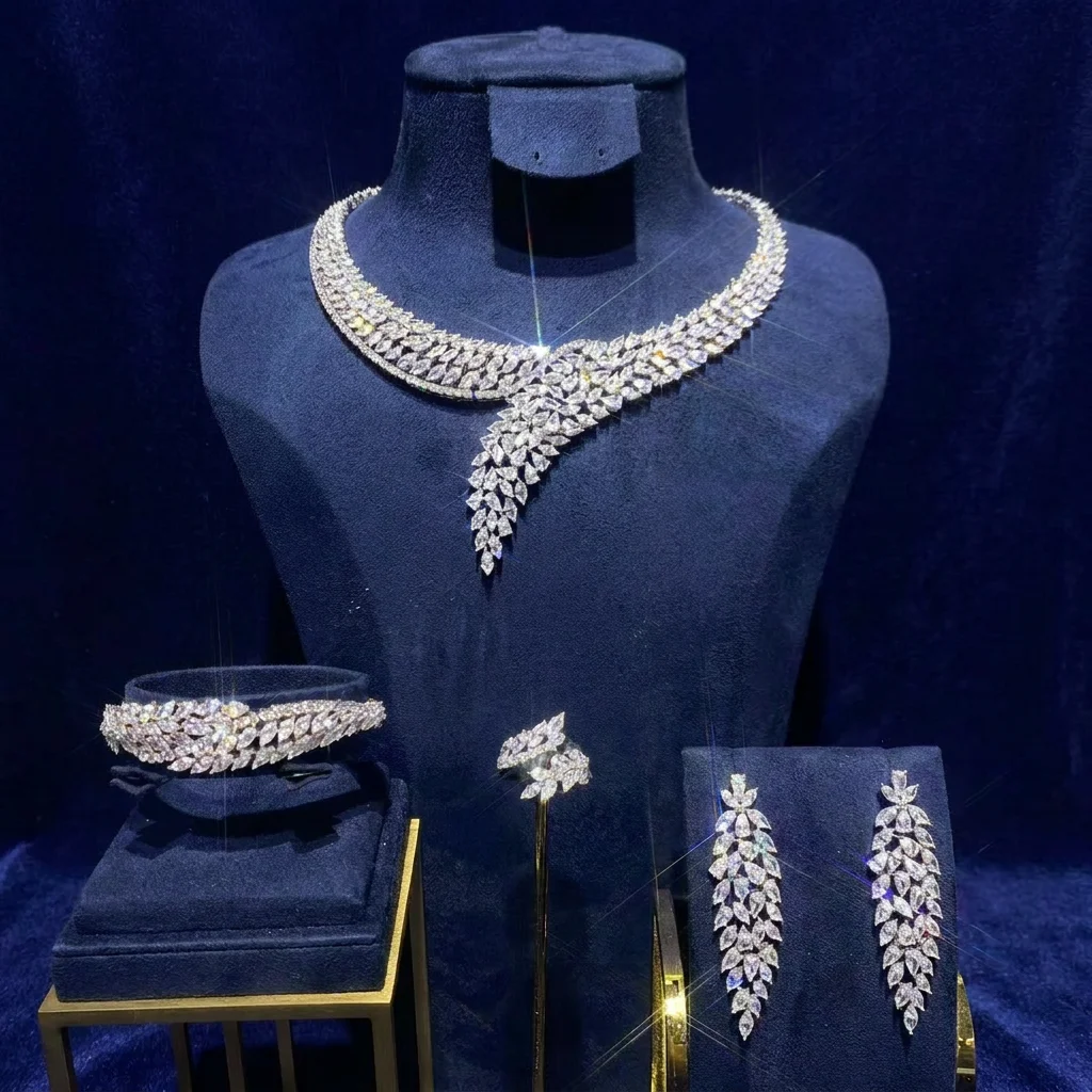 Bride Talk 4Pcs Leaf Fringe Cubic Zirconia Bridal Jewelry Set Silver Plated Necklace for Wedding Engagement Banquet