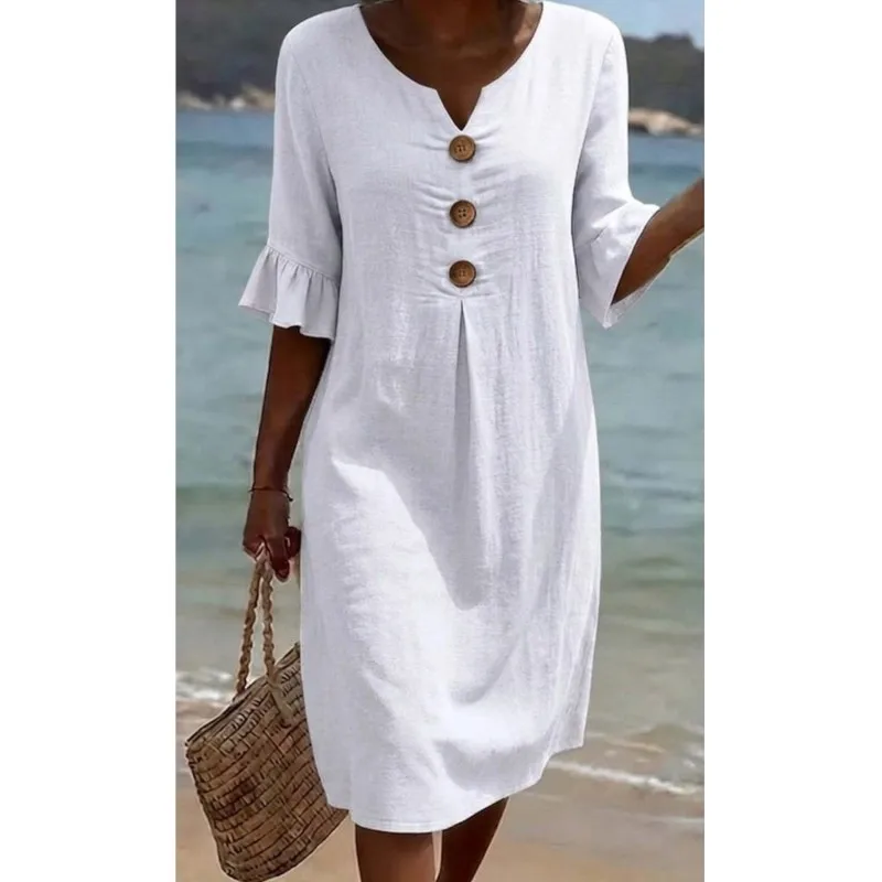 Einfaches Lässiges Damen-Midikleid in Unifarbe mit V-Ausschnitt, Knöpfen, 3/4-Ärmeln, Locker Geschnitten, 2026 Neues Sommer-Strandkleid mit Taschen