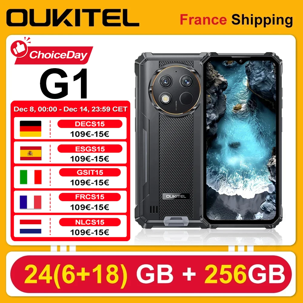 Oukitel-Smartphone G1 robuste, Android 6.52, en effet, 10600mAh, 24 Go + 256 Go, téléphone portable robuste, Android14, appareil photo 48MP HD +