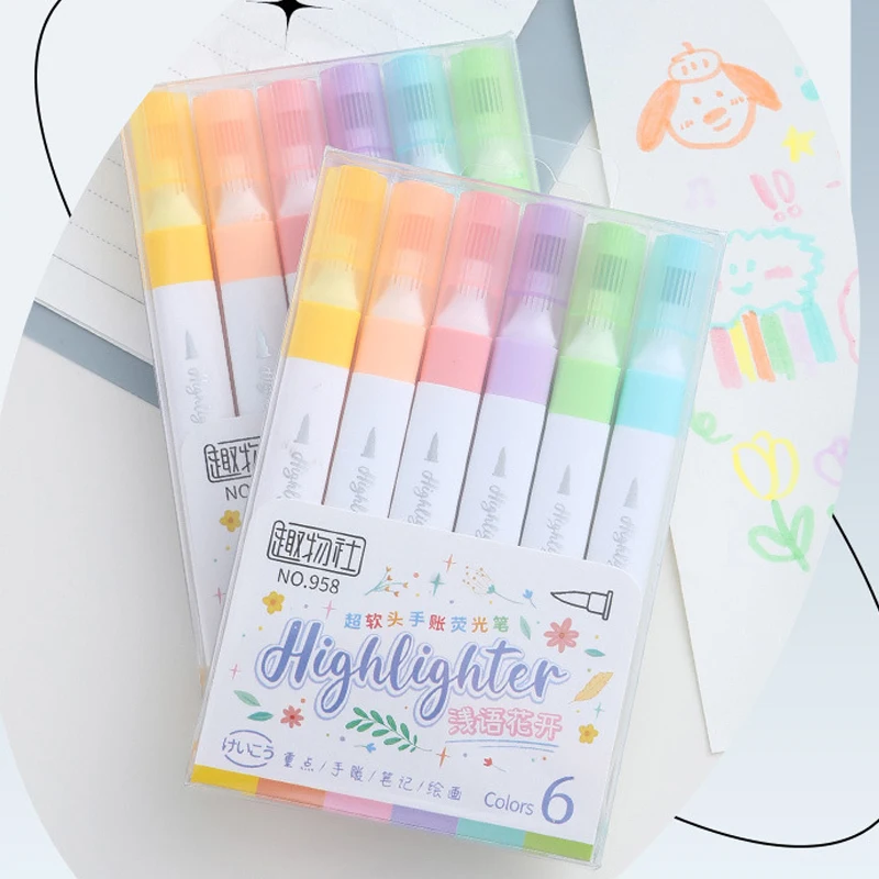 6 Colors Highlighter Markers Kawaii Stationery Items Cute Highlighter Outline Pen Set Back to School Supplies for Students Kids