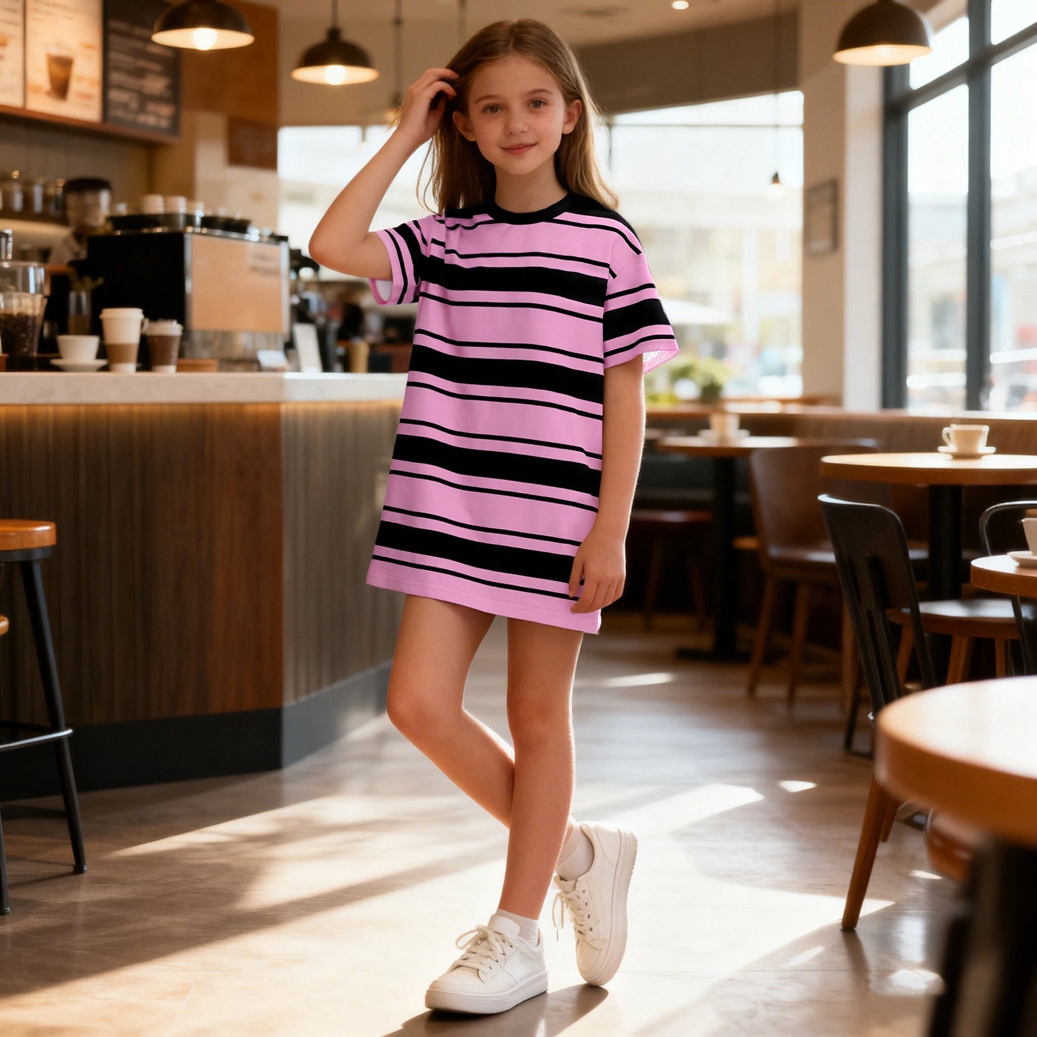 

2026 Girls pink striped print short-sleeved T-shirt, children's versatile casual T-shirt skirt shoulder-length summer dress