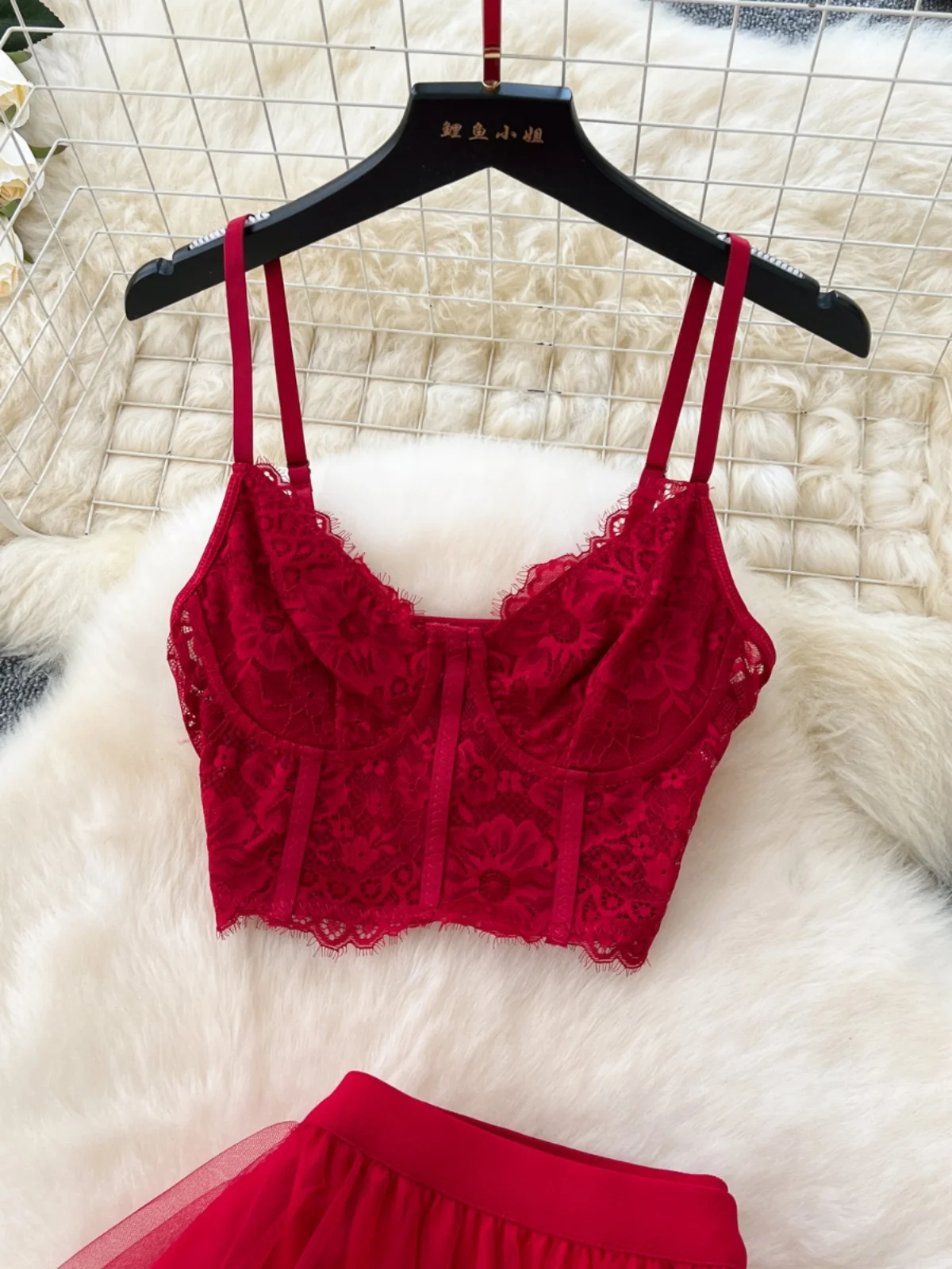 Conjunto de Top ter de Encaje Sexy y Falda de Malla de Cintura Alta, Aósfera de Hada, Nuevo Estilo 2024, Conjunto Femeni...