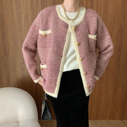 2024 Women New Autumn Knit Striped Cardigans Sweater Coat Single Button Long Sleeve Women Beige Sweater Tops Loose Style Coat