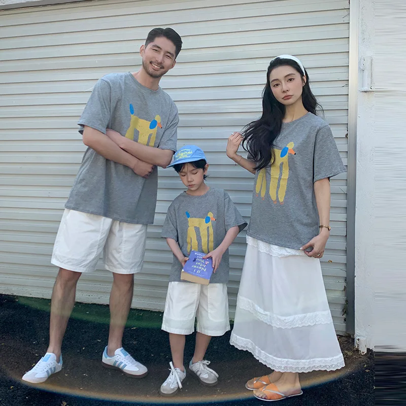 2026 Summer Family Matching T-Shirts for Family of 3 Cotton Short Sleeve O Neck Casual Tops Letter Print Mommy and Me Outfits