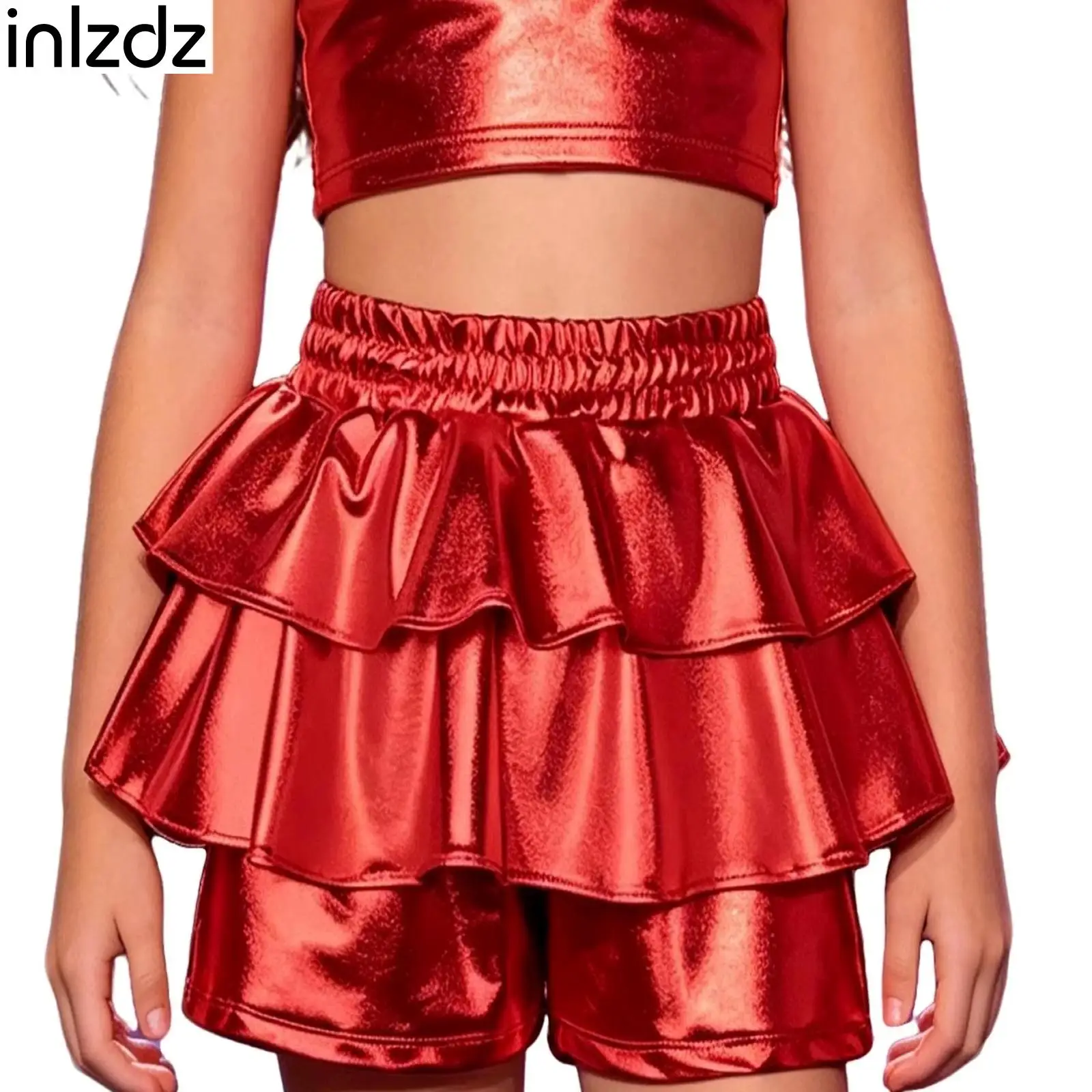 

Children Girls Shiny Dance Ruffled Shorts Metallic Pleated Skirt Shorts Elastic Waistband Culottes Jazz Dance Stage Performance