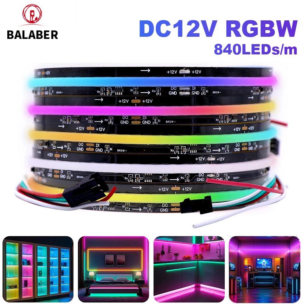 ไฟ LED แบบเส้น DC12V FCOB SPI RGBW IC WS2814 ปรับแต่งสีได้ 840 ดวง ขนาด 12 มม. SK6812 ความยืดหยุ่นสูง FOB COB แสงสี RA90 IP30