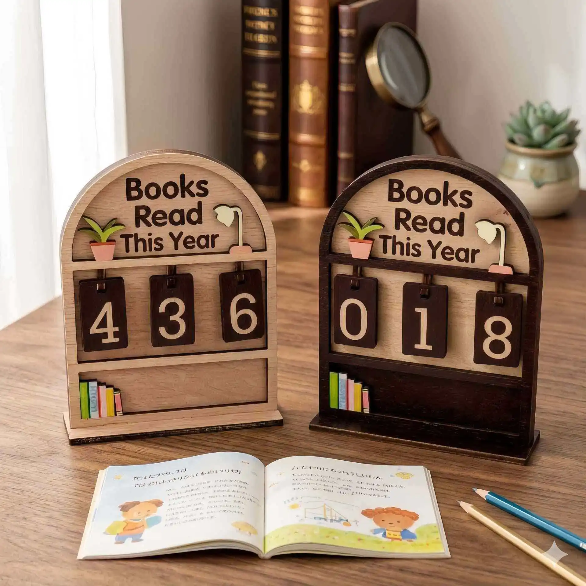 

Reading Book Counter Logo Flat Wooden Ornament Reading Statistician Desktop Ornament Art Elegant Study Room