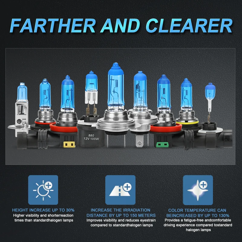 2x 100W H1 H4 H7 H8 H11 9005 HB3 9006 HB4 H27 880 881 886 899 HeadLight Lamp 5000K Xtreme Blue 12V Car Halogen Light Fog Bulb