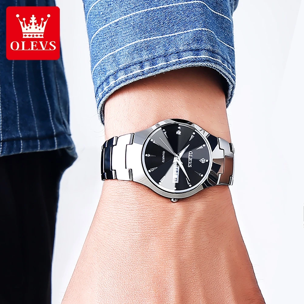 OLEVS Original Quartz Watch for Men Rhombus Mirror Tungsten Steel Strap  Luminous Waterproof Wristwatch Male Date Men\'s Watches