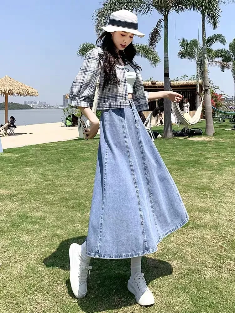 Summer Midi Skirt High Waist A-Line Flared Hem Cover Hip Loose Fit over Knee Length Simple Style Commute Denim Material - view 4