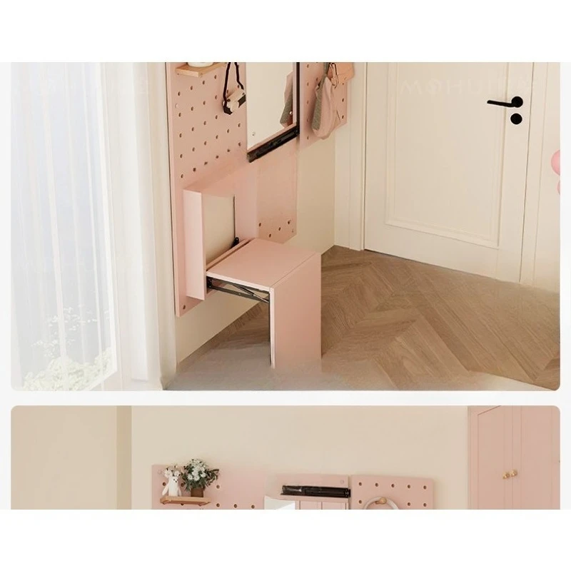 Pegboard entryway shoe bench, entryway pink storage rack, pegboard dressing mirror