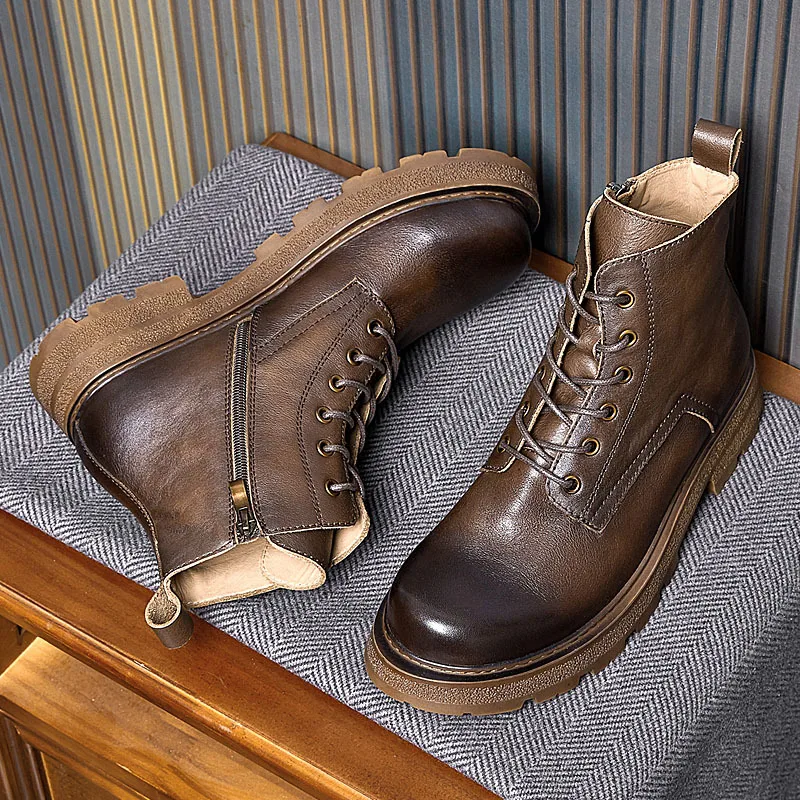Retro Style Men's Genuine Leather Ankle Boots 2024 Luxury Brand Handmade Comfortable Classic British Trend Platform Boots Shoes image 2