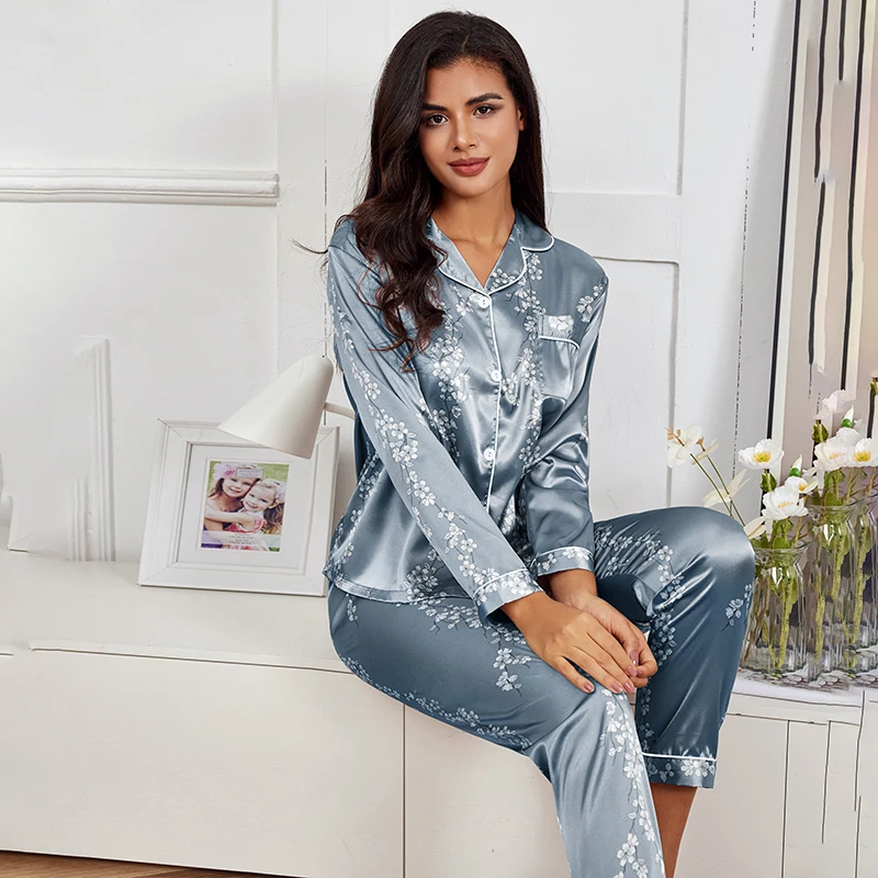 Pajamas Set Long Sleeve Sleepwear Women Button Down Nightwear Pj Sets Print Shirt with Trouser Loungewear Female Pyjamas Suits