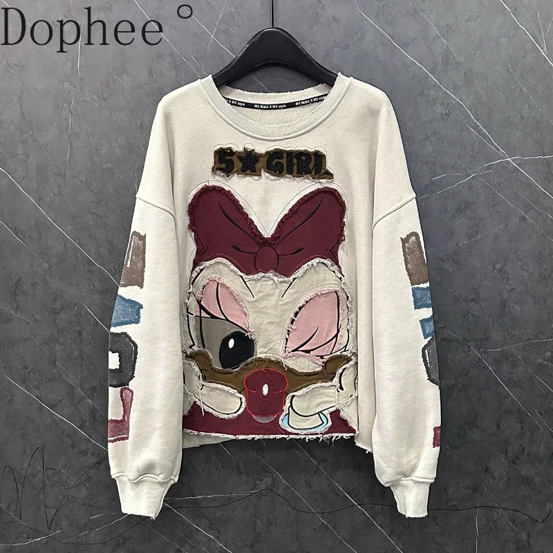 New Autumn Winter Thicken Velvet Women Sweatshirt High Quality Patch Cartoon Loose O-neck Pullovers All-match Long Sleeve Hoodie