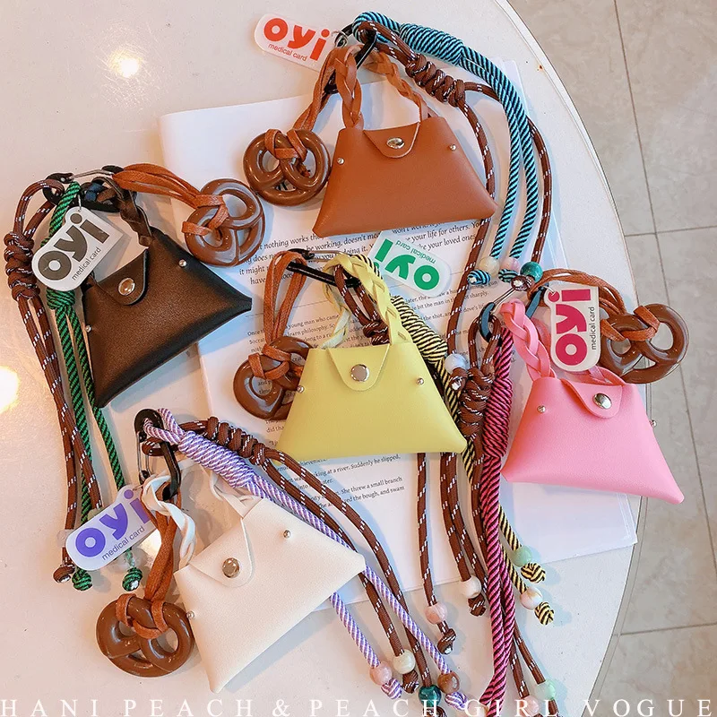 Creative Personalized PU Leather Coin purse keychain Cartoon Alkali Water Bread Hand-woven Lanyard Backpack Car Pendant Keyring